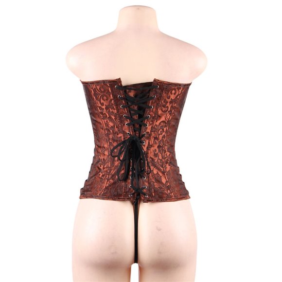 Brown Retro Corset Plus Size Corset Deep Brown Retro Lace Up Strapless Sleeveles - Picture 8 of 12